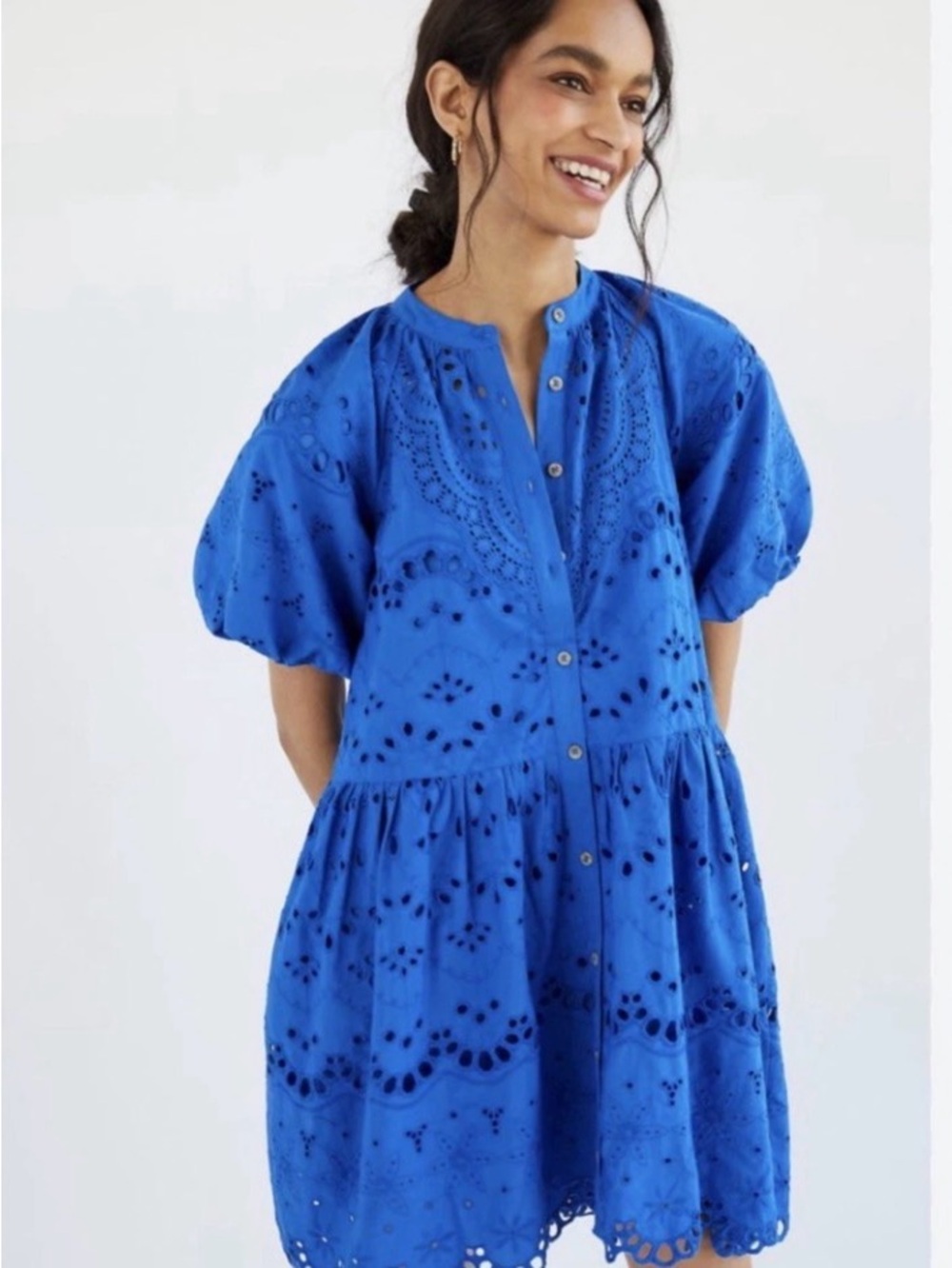 Anthropologie Cobalt Eyelet Button-Front Mini Dress